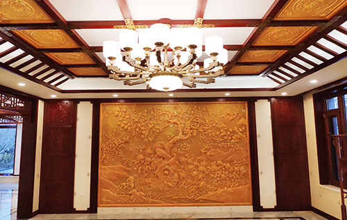柳州中式别墅客厅中式木作横梁吊顶装饰展示